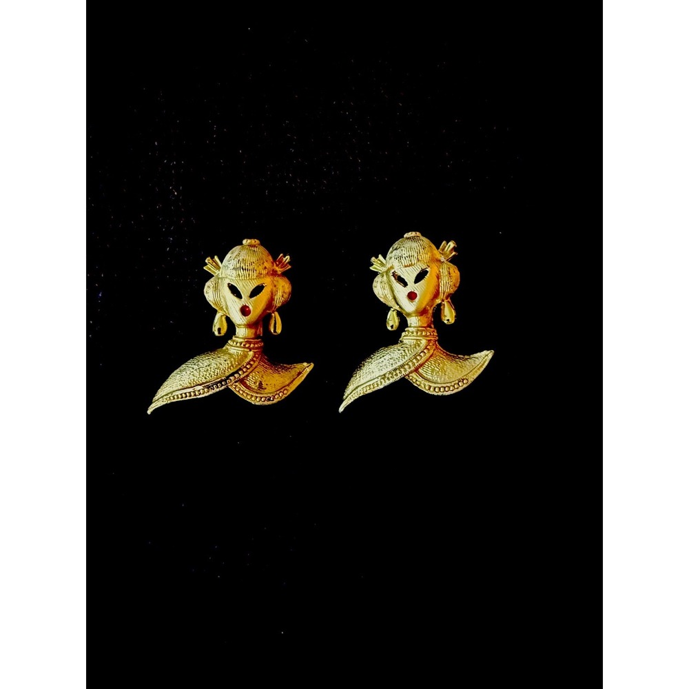 Vintage MCM Gold Tone Asian Geisha Girl Lady w/Earrings Hair Pins Brooch Pin